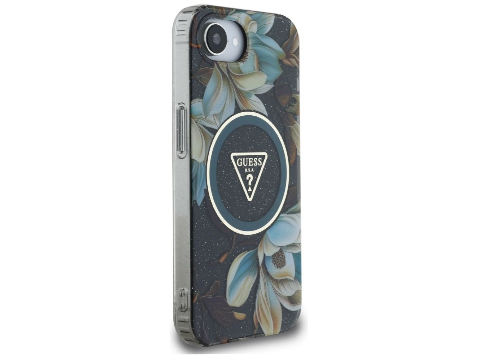 Guess IML Metal Glitter Flowers Triangle MagSafe case for iPhone 16e - black
