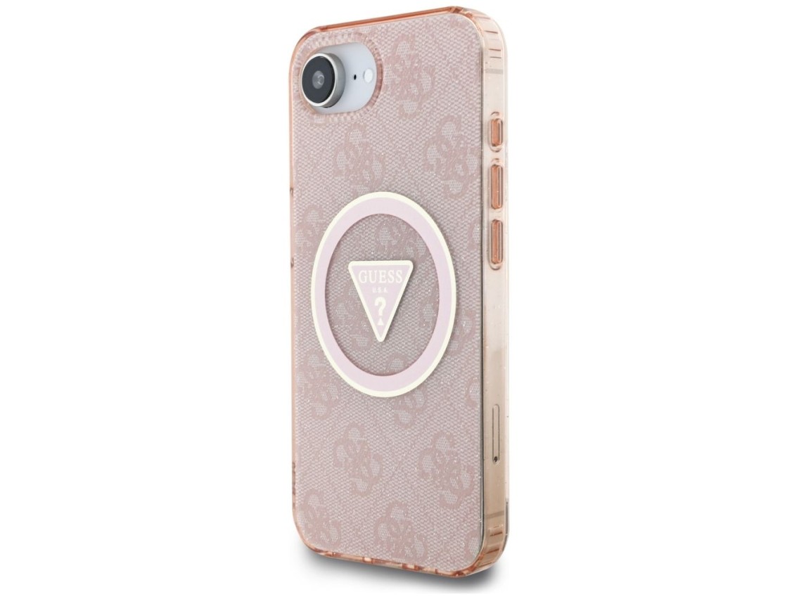 Funda Guess IML Metal Glitter 4G Circle Triangle MagSafe para iPhone 16e - rosa