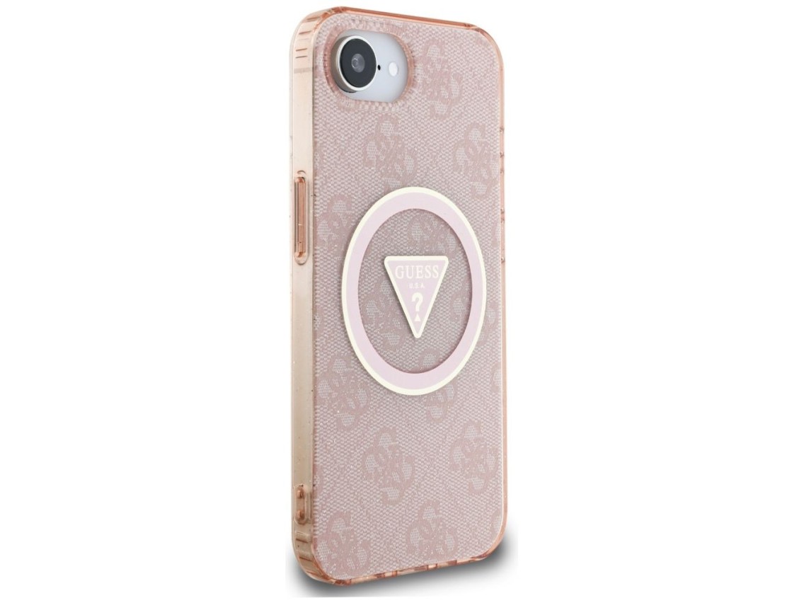Funda Guess IML Metal Glitter 4G Circle Triangle MagSafe para iPhone 16e - rosa