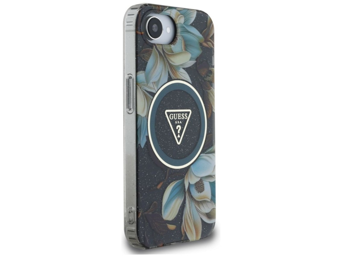 Guess IML Metal Glitter Flowers Triangle MagSafe case for iPhone 16e - black