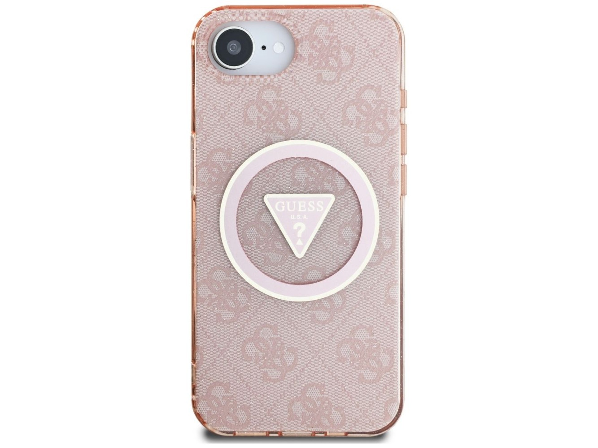 Funda Guess IML Metal Glitter 4G Circle Triangle MagSafe para iPhone 16e - rosa