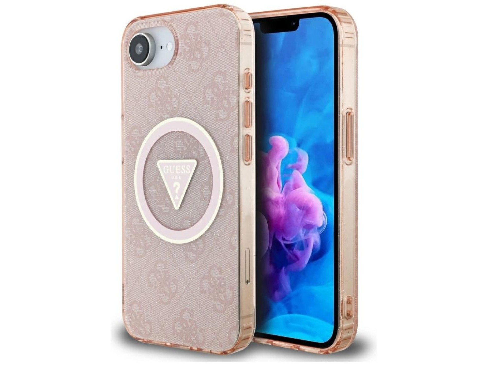 Funda Guess IML Metal Glitter 4G Circle Triangle MagSafe para iPhone 16e - rosa