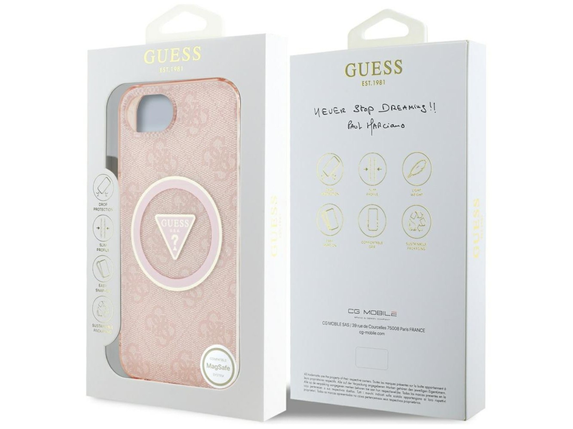 Funda Guess IML Metal Glitter 4G Circle Triangle MagSafe para iPhone 16e - rosa
