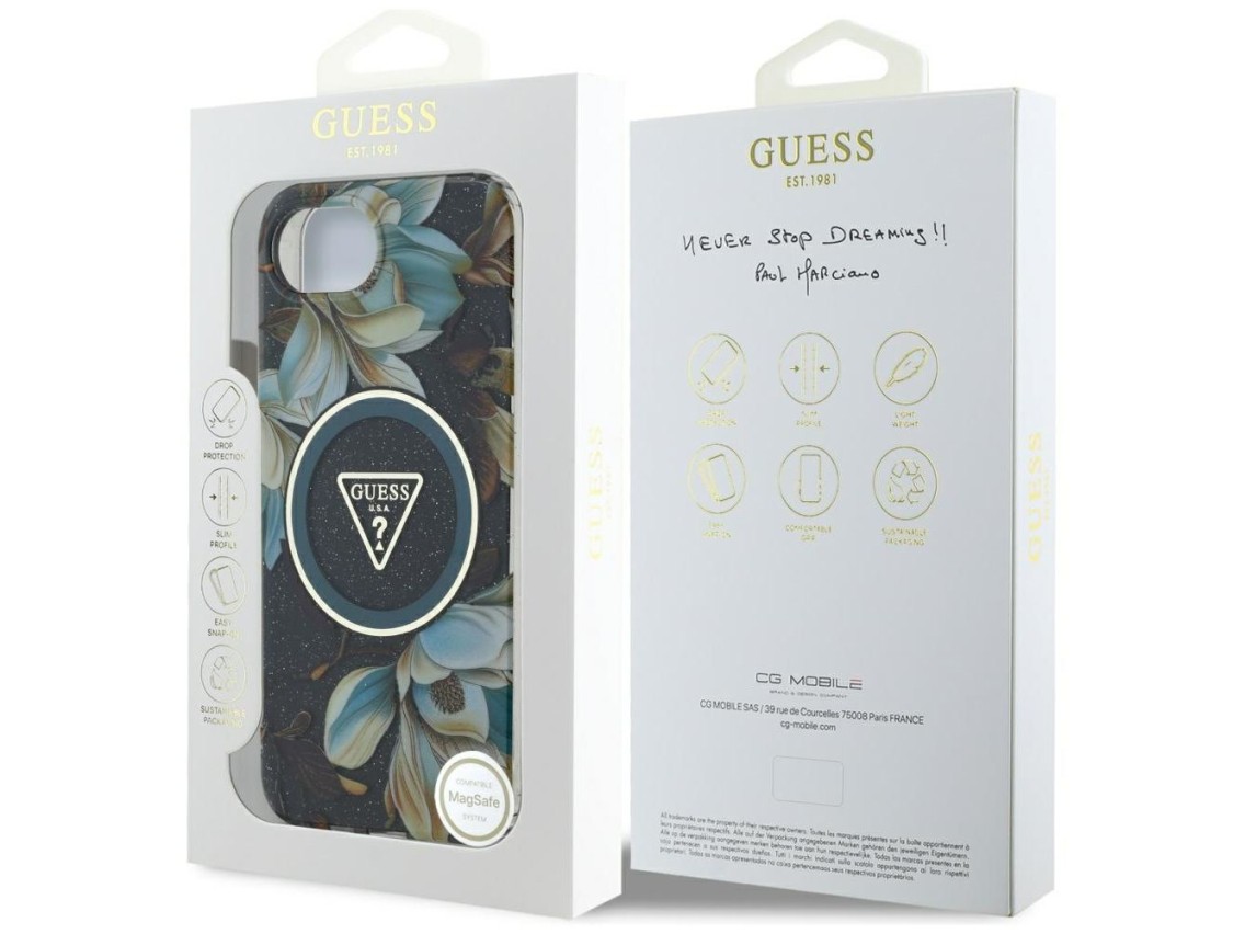 Guess IML Metal Glitter Flowers Triangle MagSafe case for iPhone 16e - black