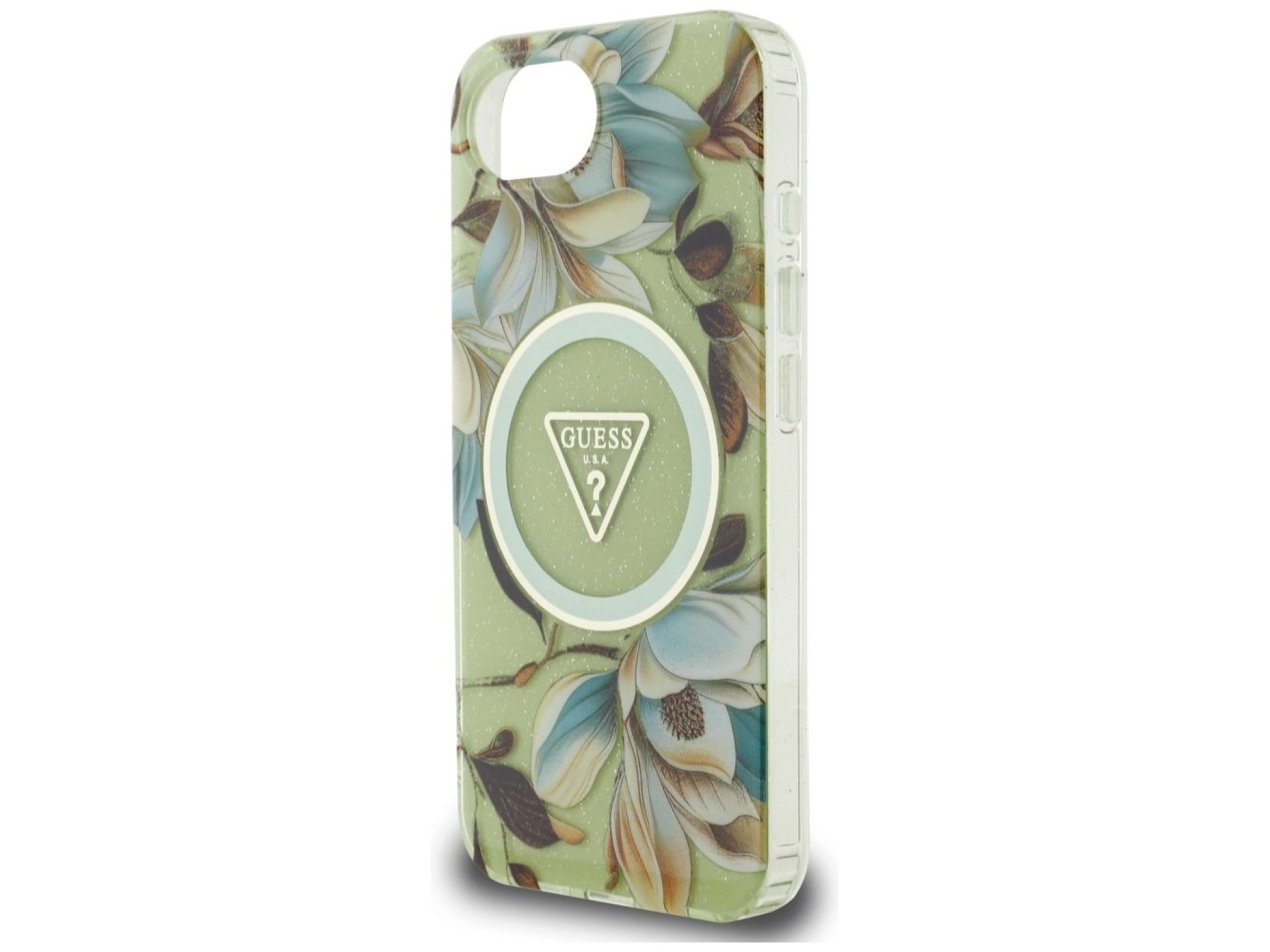 Funda Guess IML Metal Glitter Flowers Triangle MagSafe para iPhone 16e - Verde