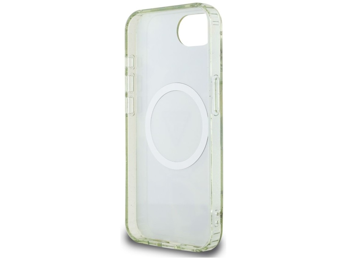 Funda Guess IML Metal Glitter Flowers Triangle MagSafe para iPhone 16e - Verde