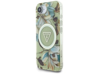 Guess IML Metal Glitter Flowers Triangle MagSafe iPhone 16e Case - Green Guess IML Metal Glitter Flowers Triangle MagSafe iPhone 16e Case - Green