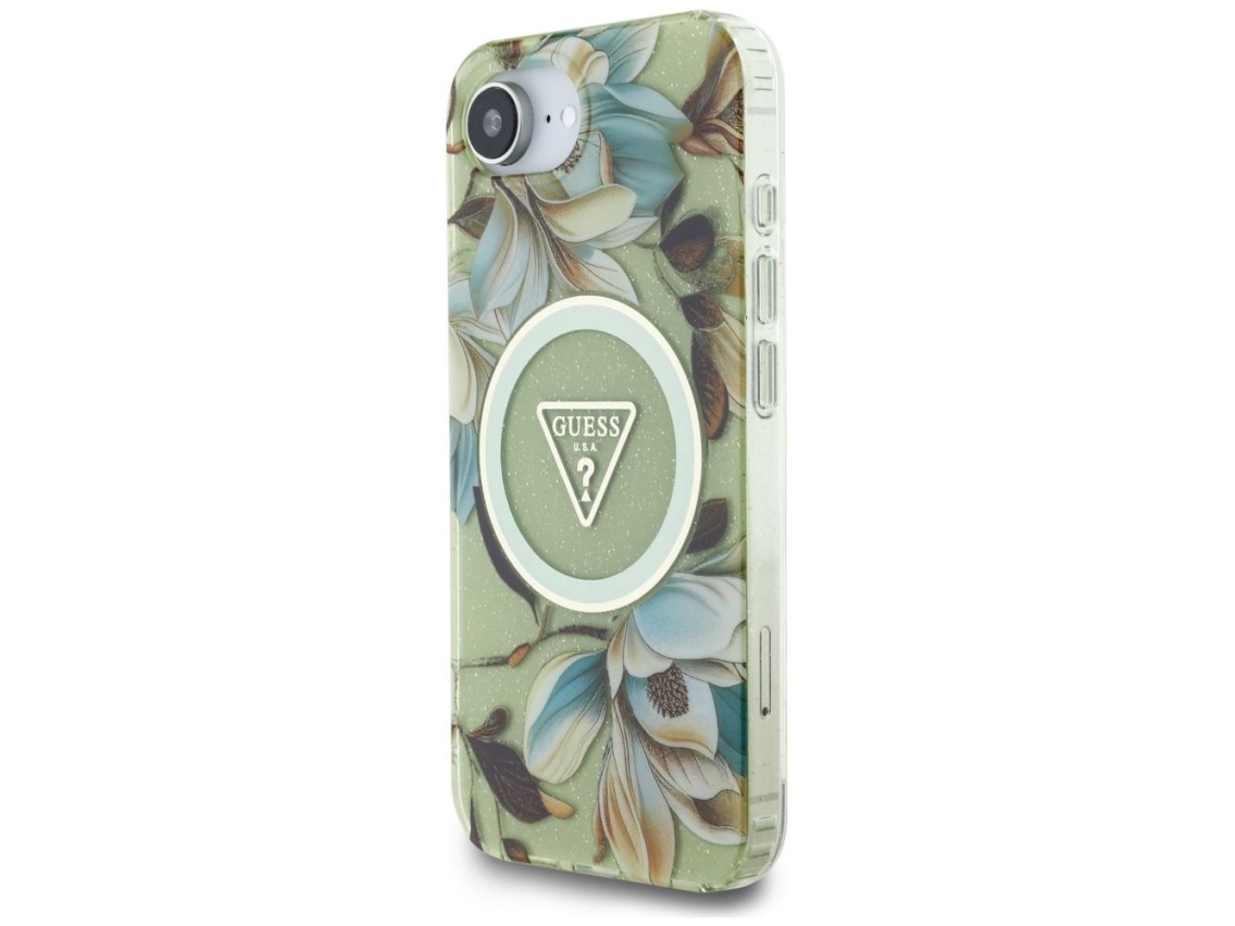 Funda Guess IML Metal Glitter Flowers Triangle MagSafe para iPhone 16e - Verde