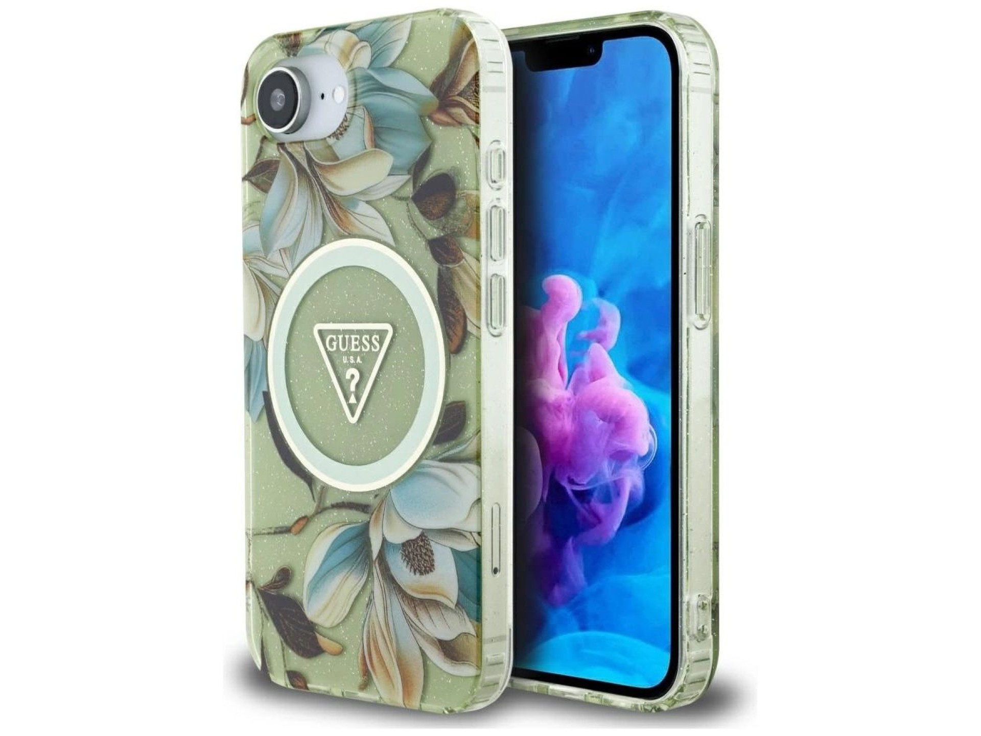 Funda Guess IML Metal Glitter Flowers Triangle MagSafe para iPhone 16e - Verde