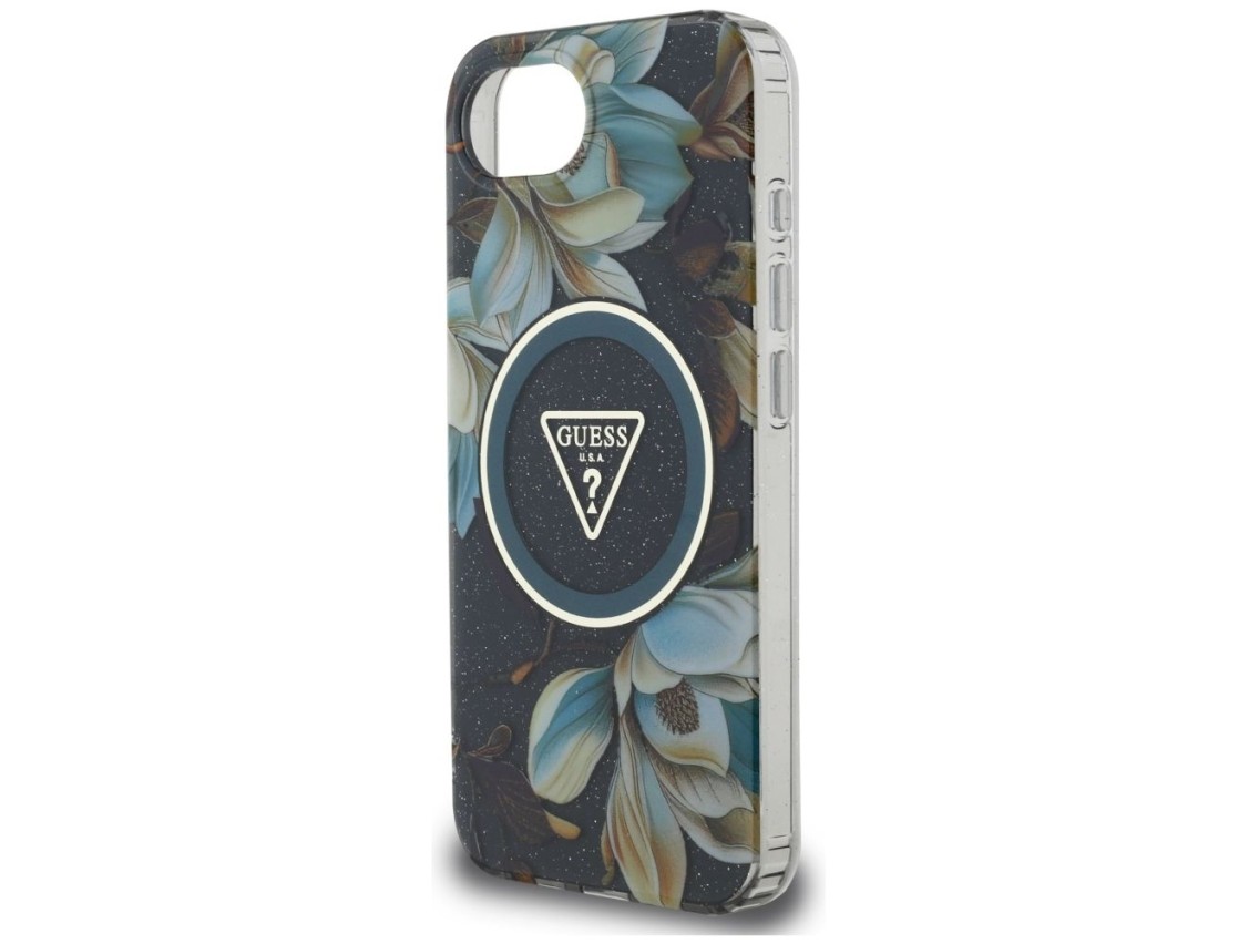 Guess IML Metal Glitter Flowers Triangle MagSafe case for iPhone 16e - black