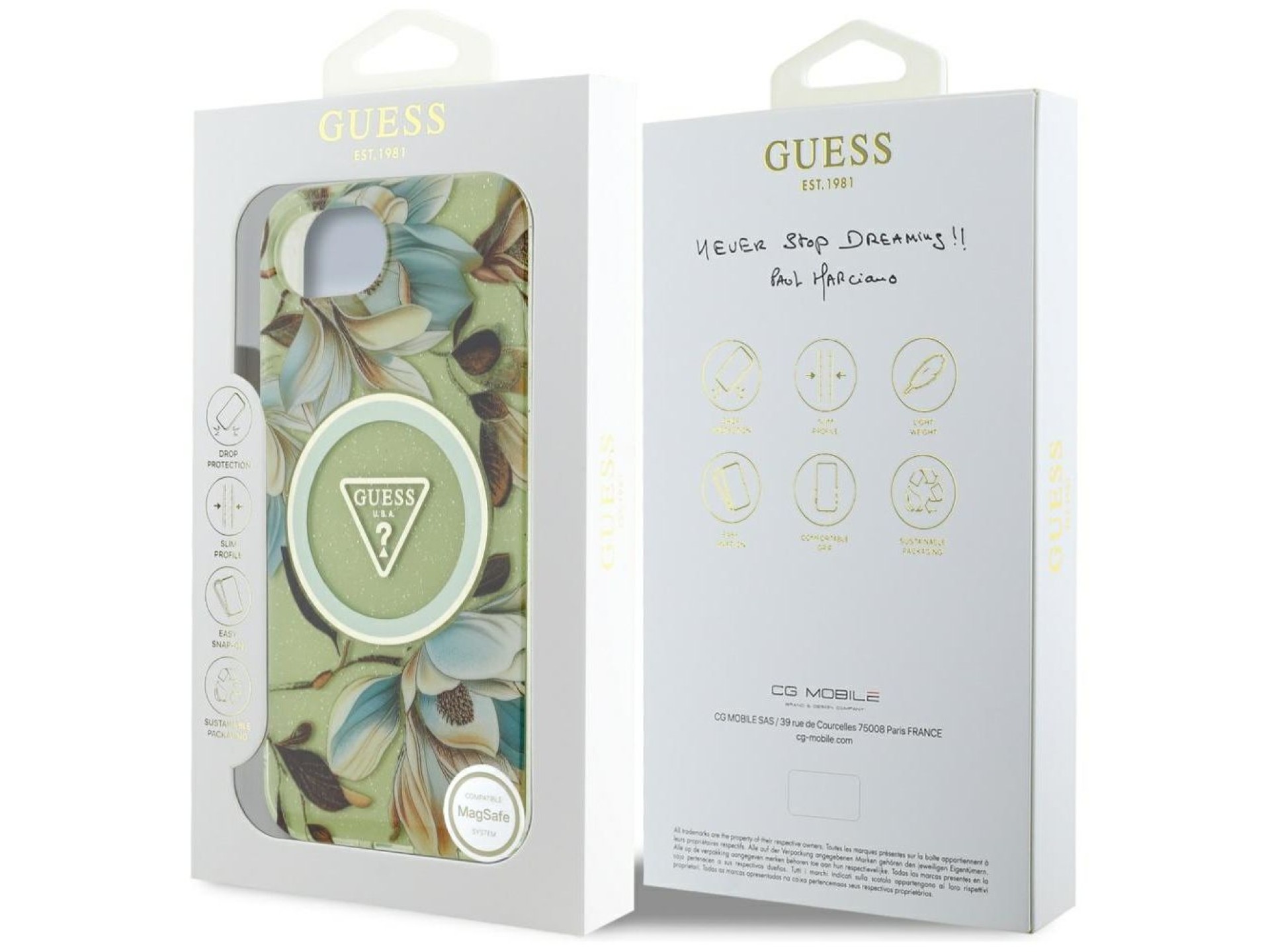 Funda Guess IML Metal Glitter Flowers Triangle MagSafe para iPhone 16e - Verde