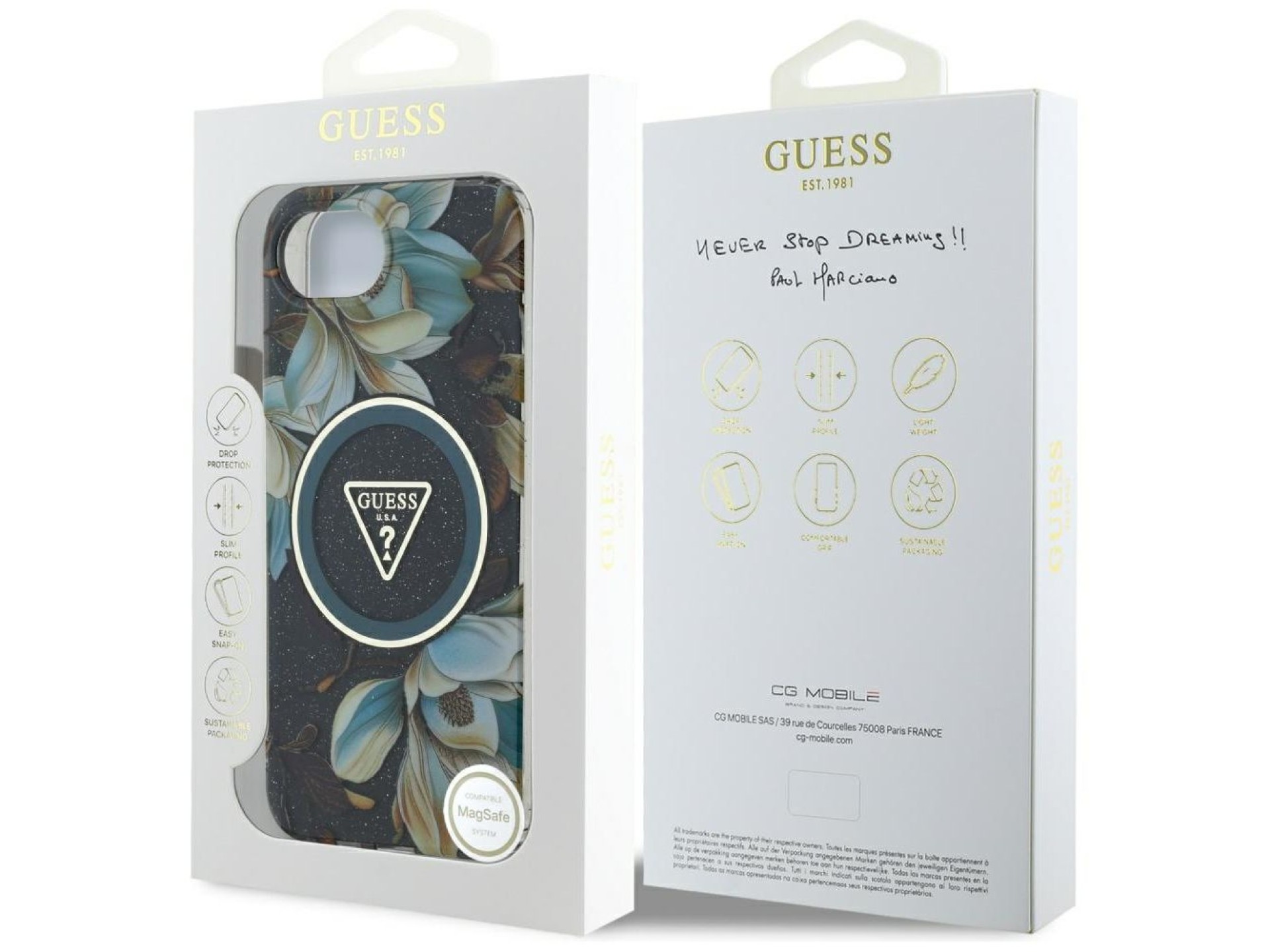 Guess IML Metal Glitter Flowers Triangle MagSafe case for iPhone 16e - black