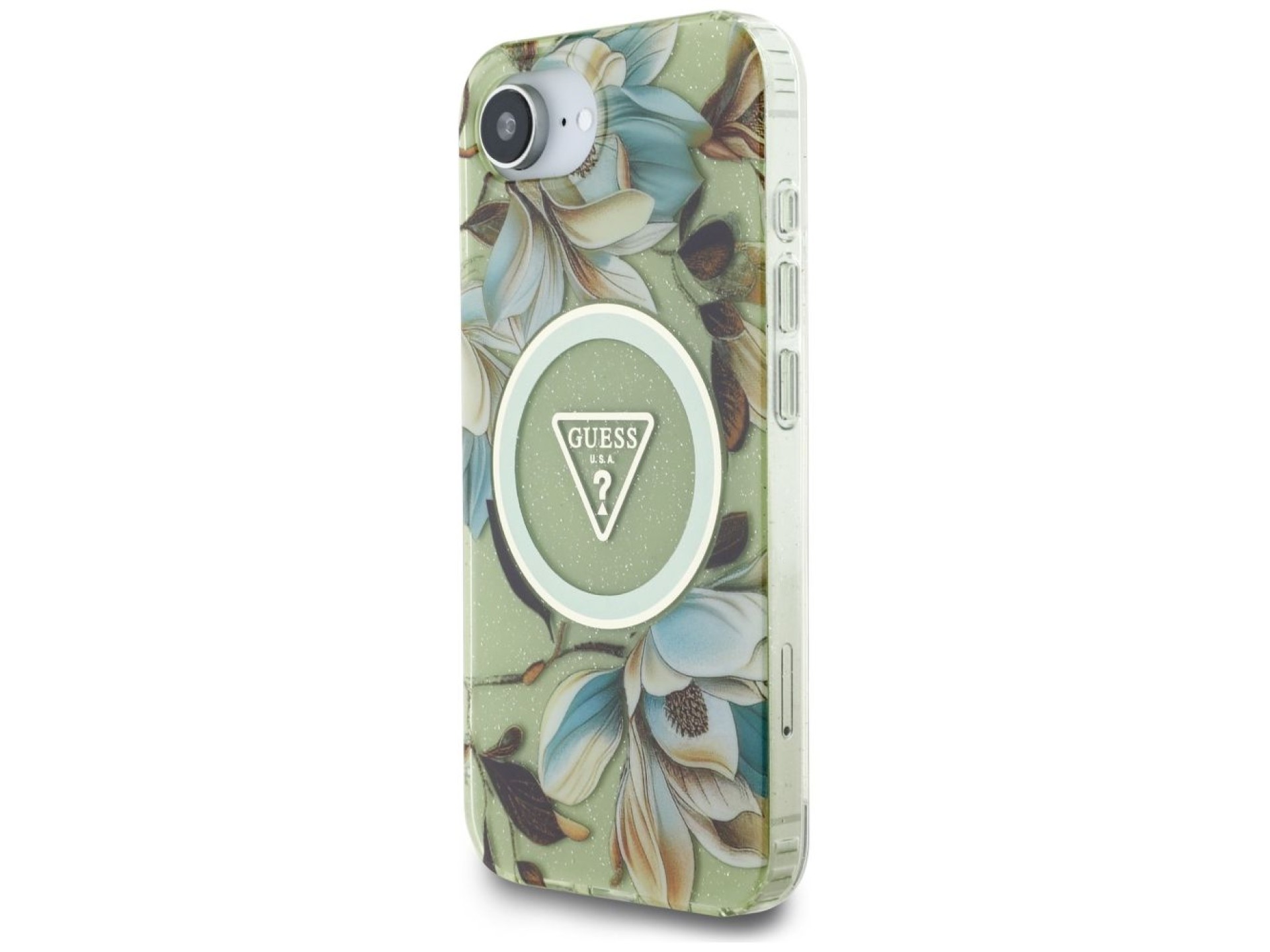 Funda Guess IML Metal Glitter Flowers Triangle MagSafe para iPhone 16e - Verde