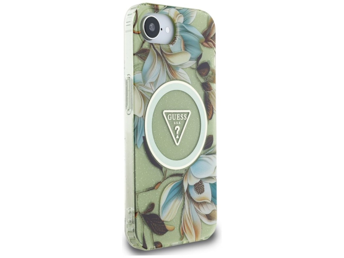 Funda Guess IML Metal Glitter Flowers Triangle MagSafe para iPhone 16e - Verde