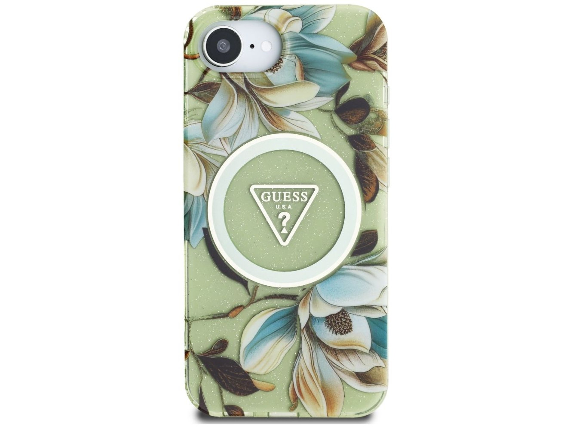 Funda Guess IML Metal Glitter Flowers Triangle MagSafe para iPhone 16e - Verde