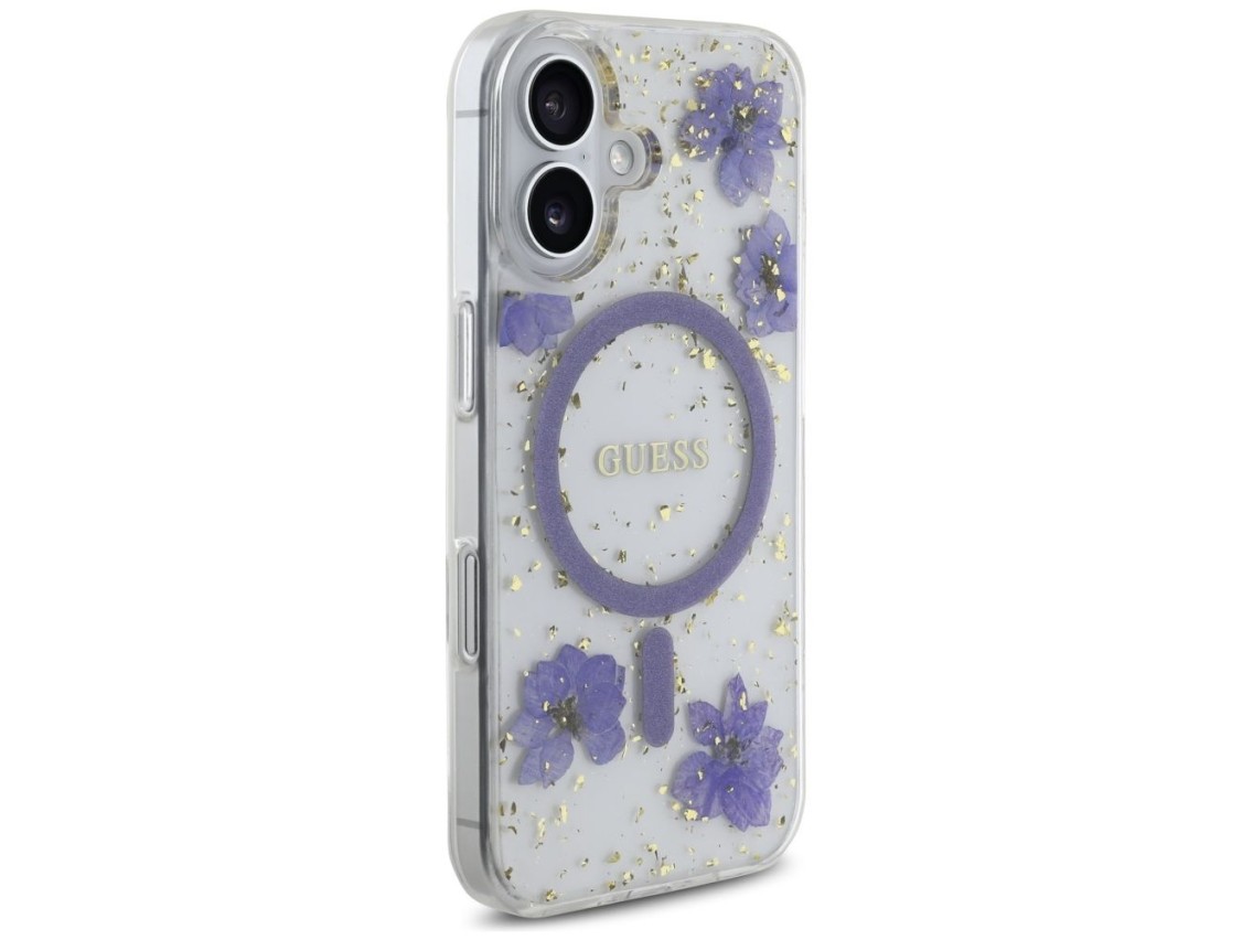 Capa MagSafe Guess Resin Flowers Glitter para iPhone 16 - roxa