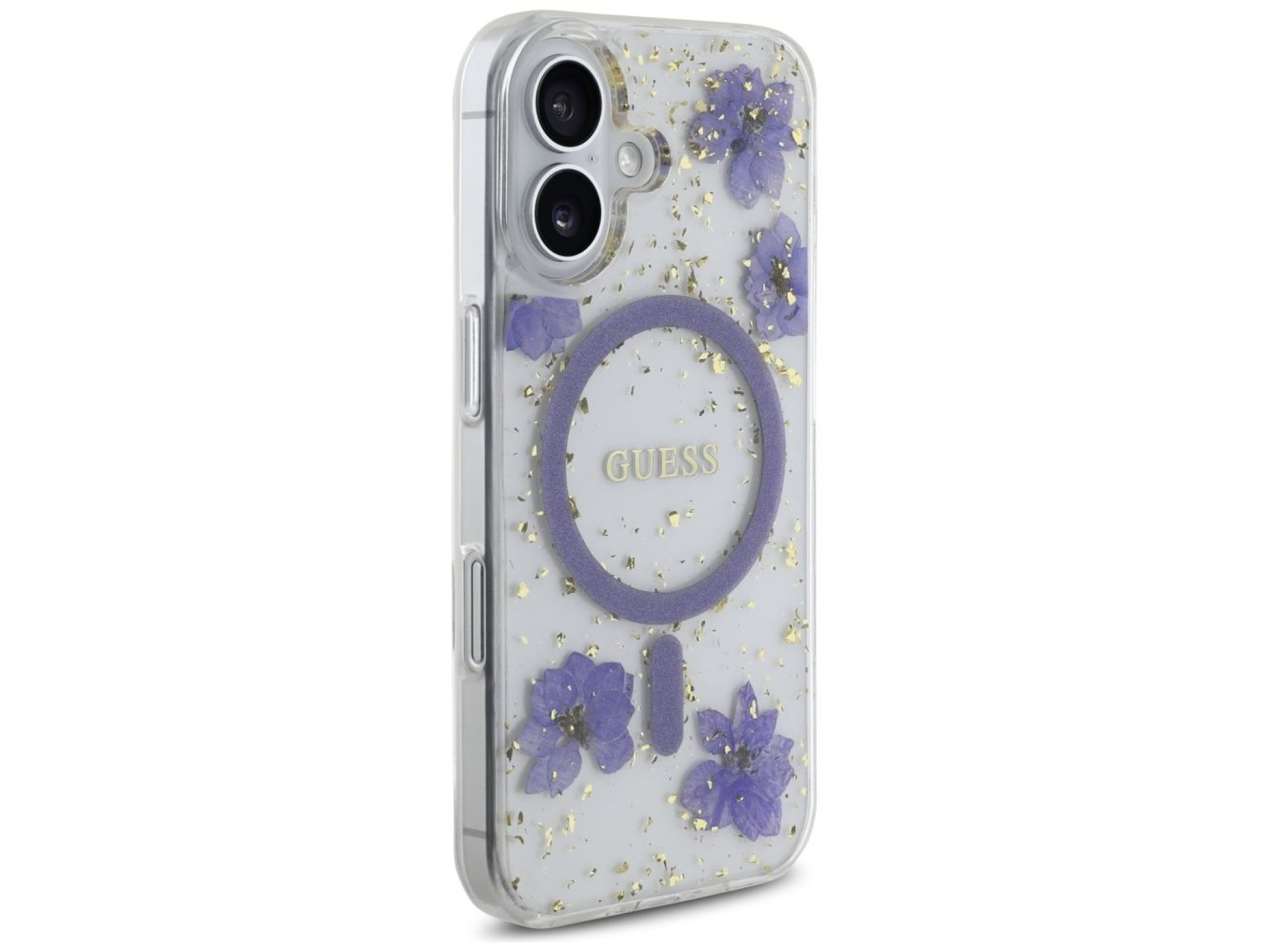 Capa MagSafe Guess Resin Flowers Glitter para iPhone 16 - roxa