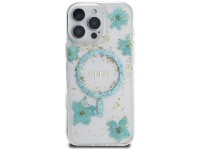 Capa MagSafe para iPhone 16 Pro com flores de resina e glitter da Guess - Verde transparente Capa MagSafe para iPhone 16 Pro com flores de resina e glitter da Guess - Verde transparente