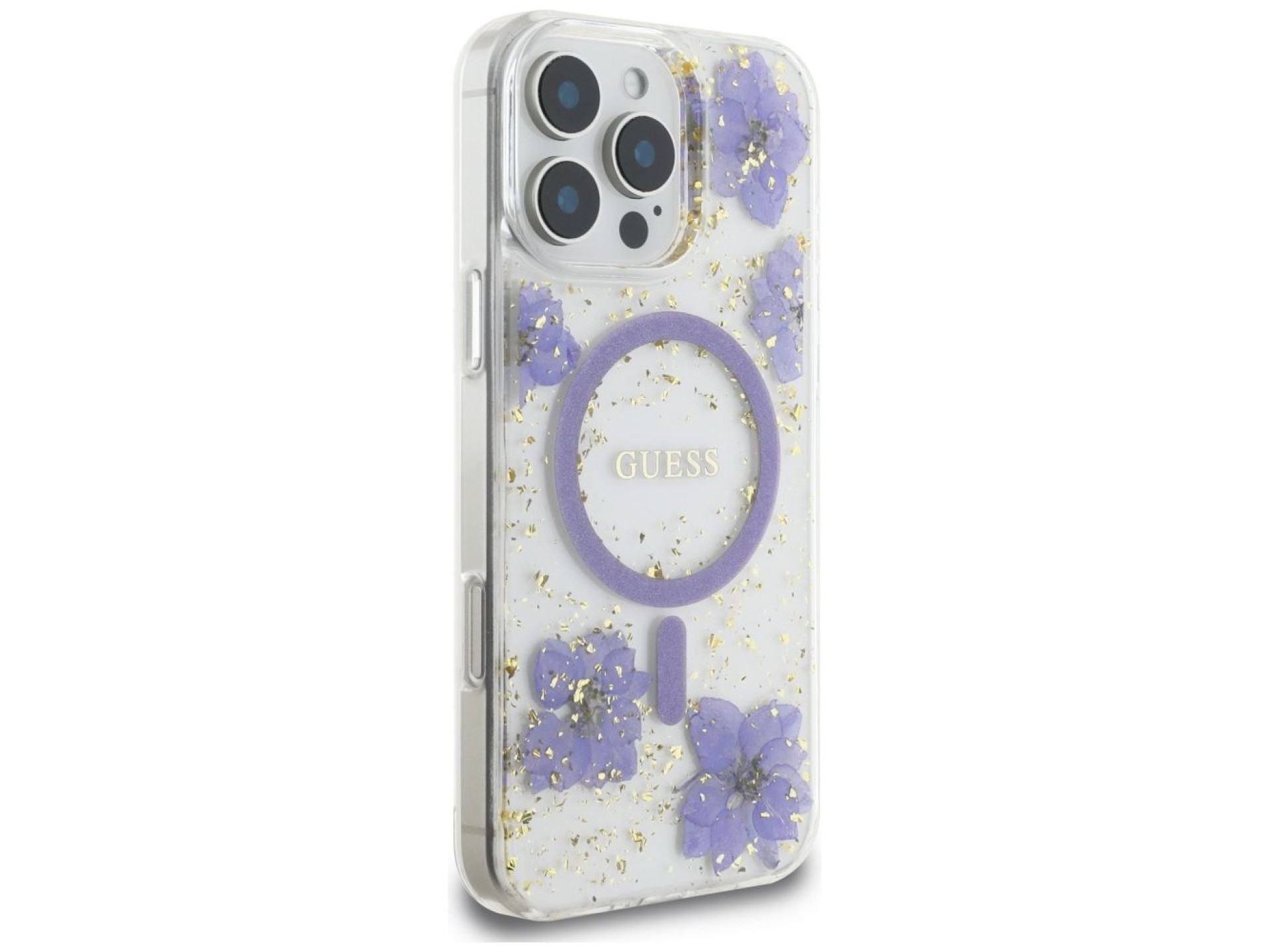 Funda Guess Resin Flowers MagSafe para iPhone 16 Pro - morado