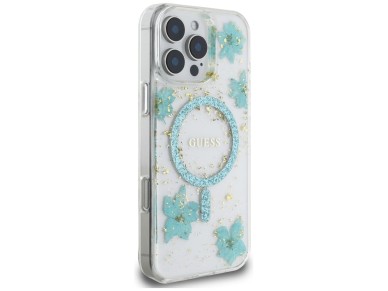 Guess Resin Flowers Glitter MagSafe iPhone 16 Pro Case - Clear Green Guess Resin Flowers Glitter MagSafe iPhone 16 Pro Case - Clear Green