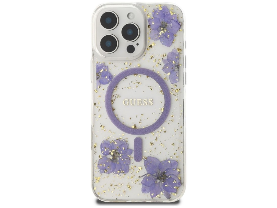 Funda Guess Resin Flowers MagSafe para iPhone 16 Pro - morado