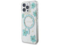 Capa MagSafe para iPhone 16 Pro com flores de resina e glitter da Guess - Verde transparente Capa MagSafe para iPhone 16 Pro com flores de resina e glitter da Guess - Verde transparente