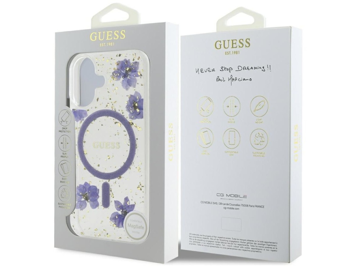 Capa MagSafe Guess Resin Flowers Glitter para iPhone 16 - roxa