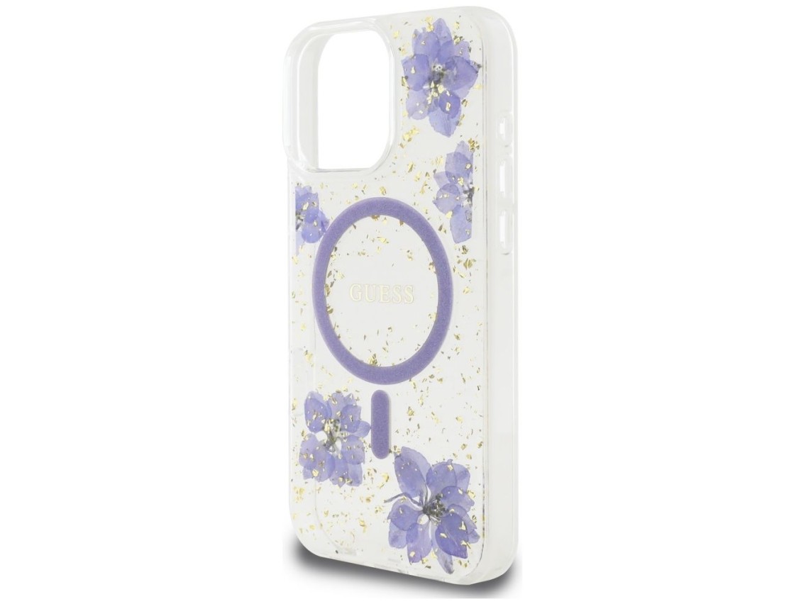 Funda Guess Resin Flowers MagSafe para iPhone 16 Pro - morado