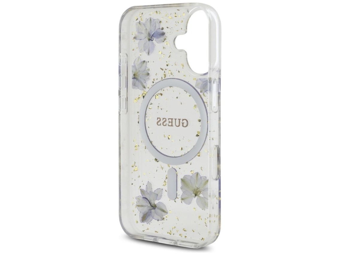 Capa MagSafe Guess Resin Flowers Glitter para iPhone 16 - roxa