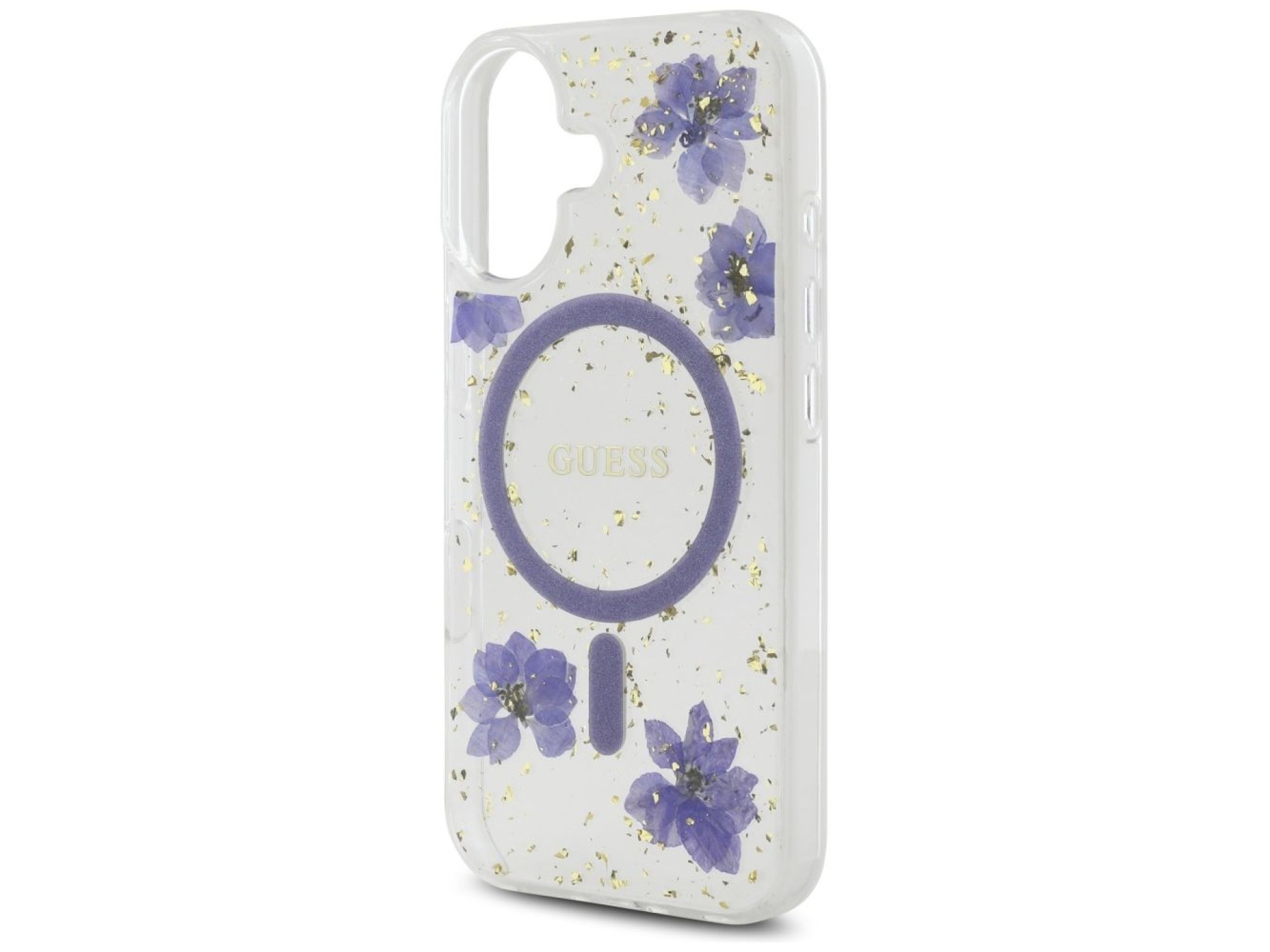 Capa MagSafe Guess Resin Flowers Glitter para iPhone 16 - roxa