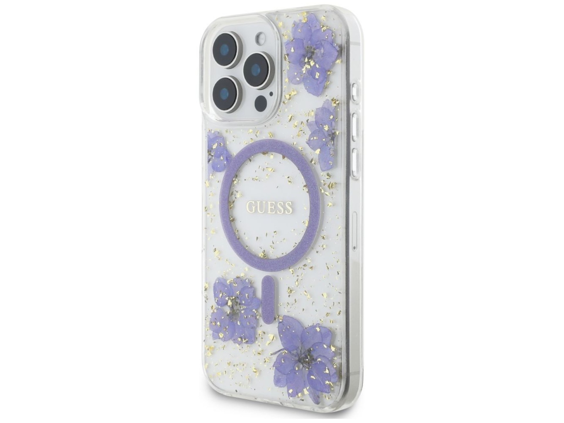 Funda Guess Resin Flowers MagSafe para iPhone 16 Pro - morado
