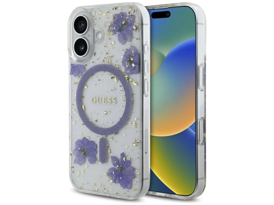Capa MagSafe Guess Resin Flowers Glitter para iPhone 16 - roxa