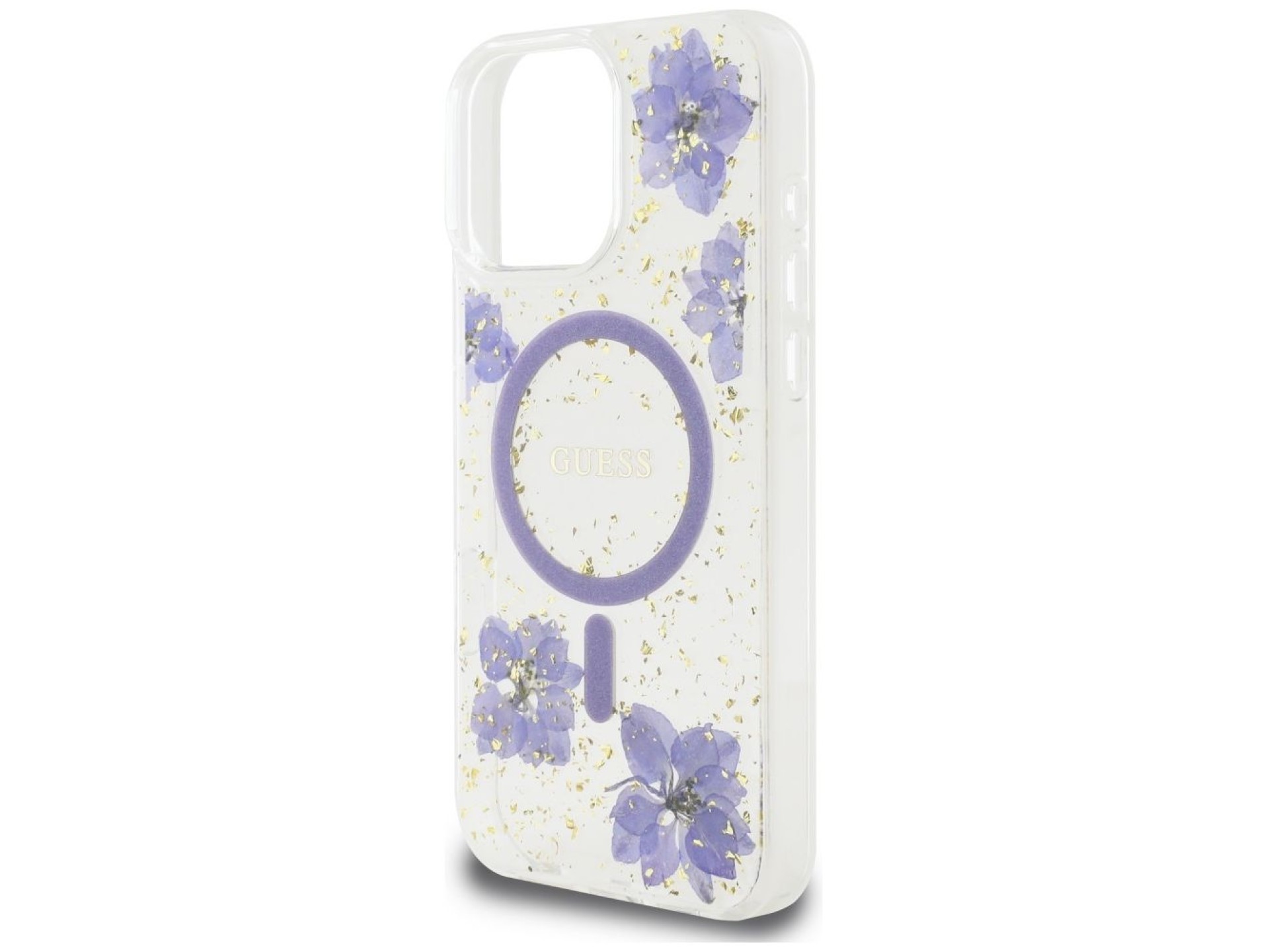 Funda Guess Resin Flowers MagSafe para iPhone 16 Pro - morado
