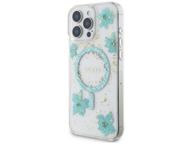 Guess Resin Flowers Glitter MagSafe iPhone 16 Pro Case - Clear Green Guess Resin Flowers Glitter MagSafe iPhone 16 Pro Case - Clear Green