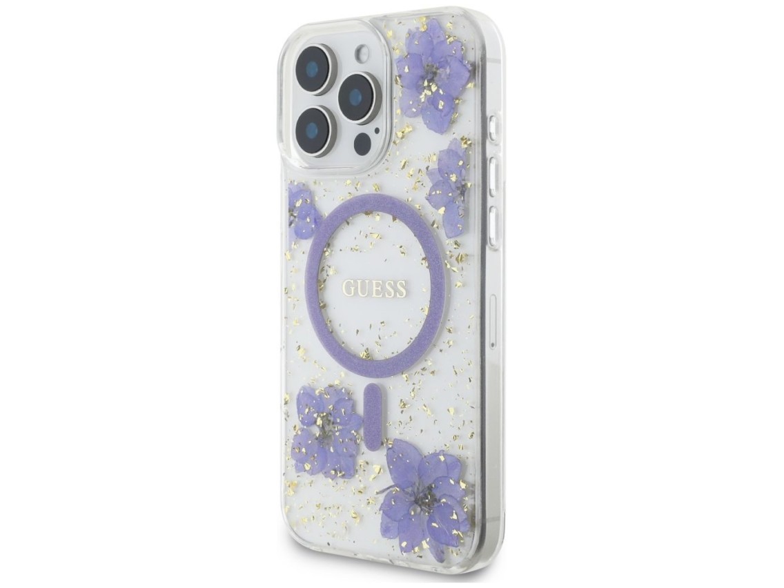 Funda Guess Resin Flowers MagSafe para iPhone 16 Pro - morado