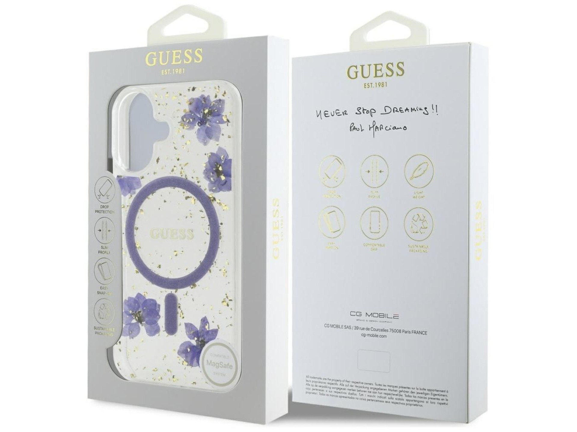 Capa MagSafe Guess Resin Flowers Glitter para iPhone 16 - roxa