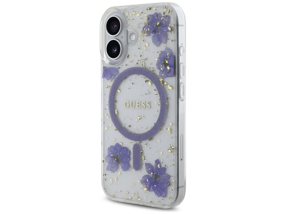 Capa MagSafe Guess Resin Flowers Glitter para iPhone 16 - roxa