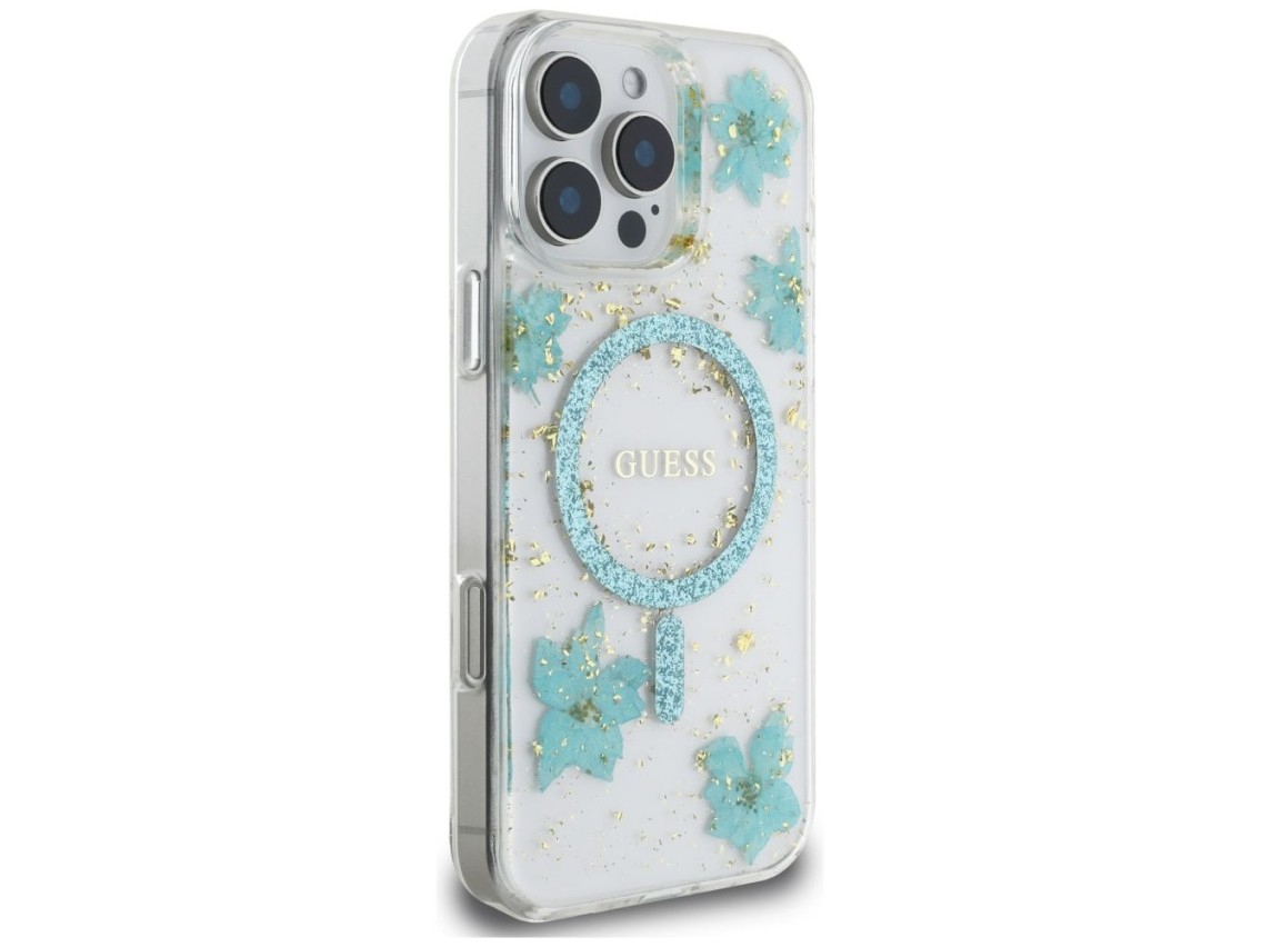 Capa MagSafe para iPhone 16 Pro com flores de resina e glitter da Guess - Verde transparente