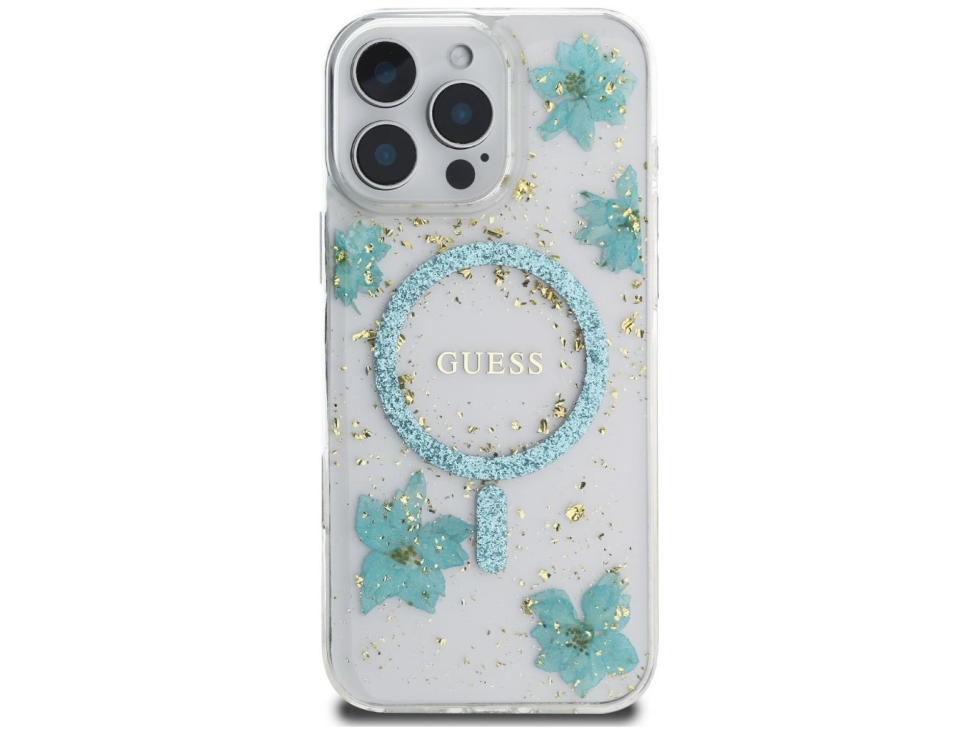 Capa MagSafe para iPhone 16 Pro com flores de resina e glitter da Guess - Verde transparente