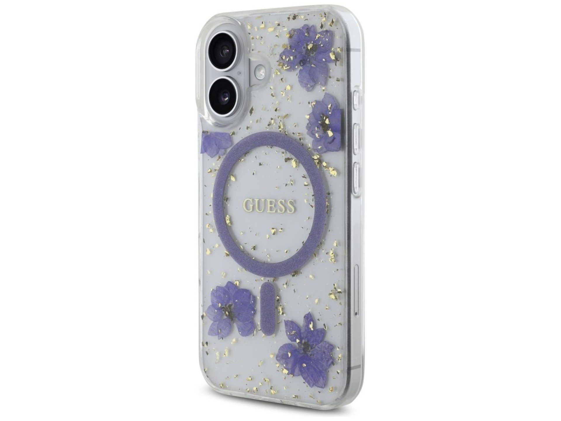 Capa MagSafe Guess Resin Flowers Glitter para iPhone 16 - roxa