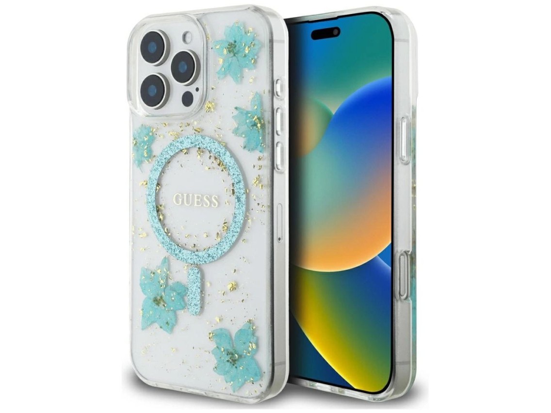 Capa MagSafe para iPhone 16 Pro com flores de resina e glitter da Guess - Verde transparente
