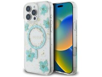 Capa MagSafe para iPhone 16 Pro com flores de resina e glitter da Guess - Verde transparente Capa MagSafe para iPhone 16 Pro com flores de resina e glitter da Guess - Verde transparente