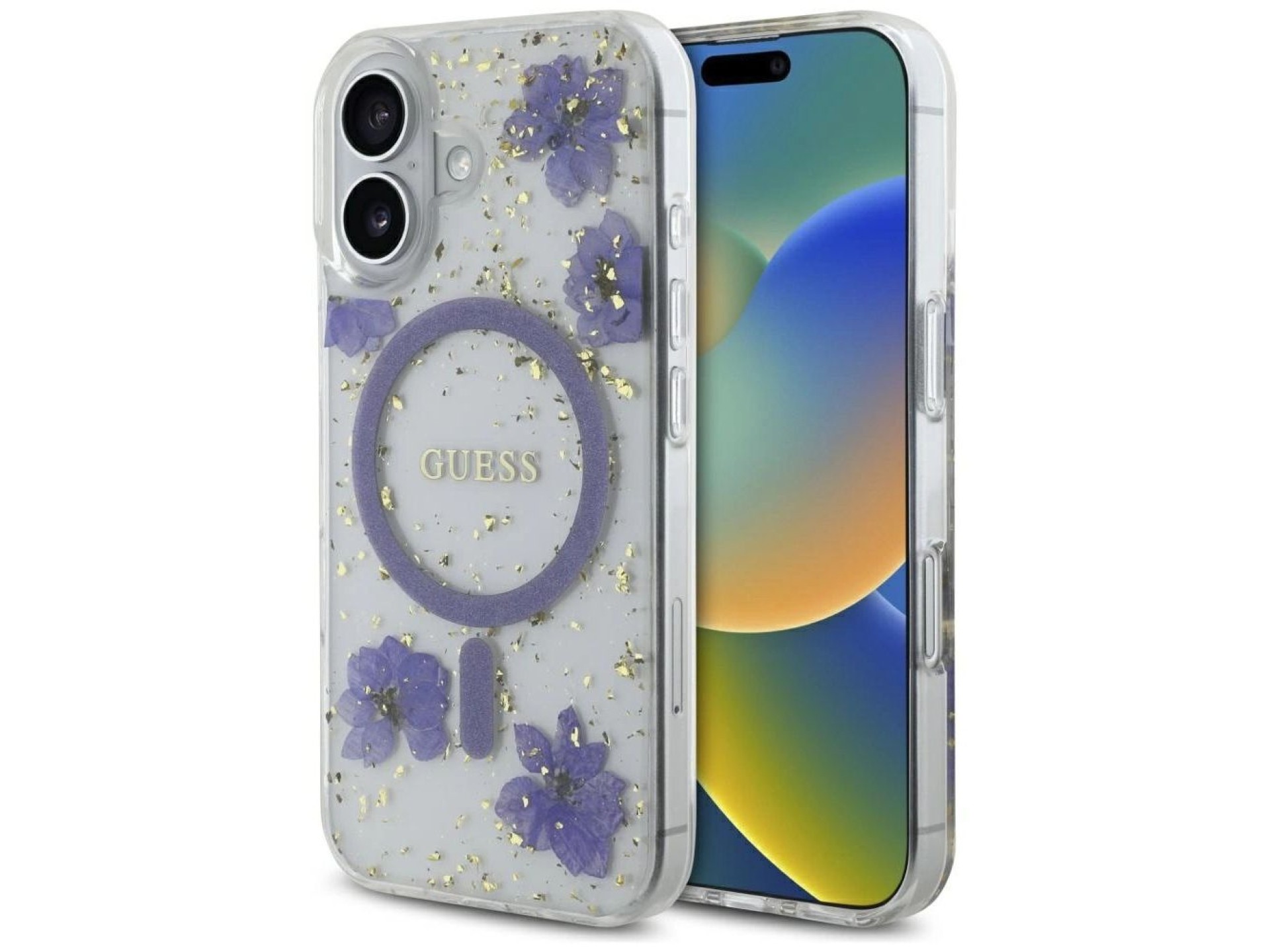 Capa MagSafe Guess Resin Flowers Glitter para iPhone 16 - roxa