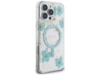 Capa MagSafe para iPhone 16 Pro com flores de resina e glitter da Guess - Verde transparente Capa MagSafe para iPhone 16 Pro com flores de resina e glitter da Guess - Verde transparente