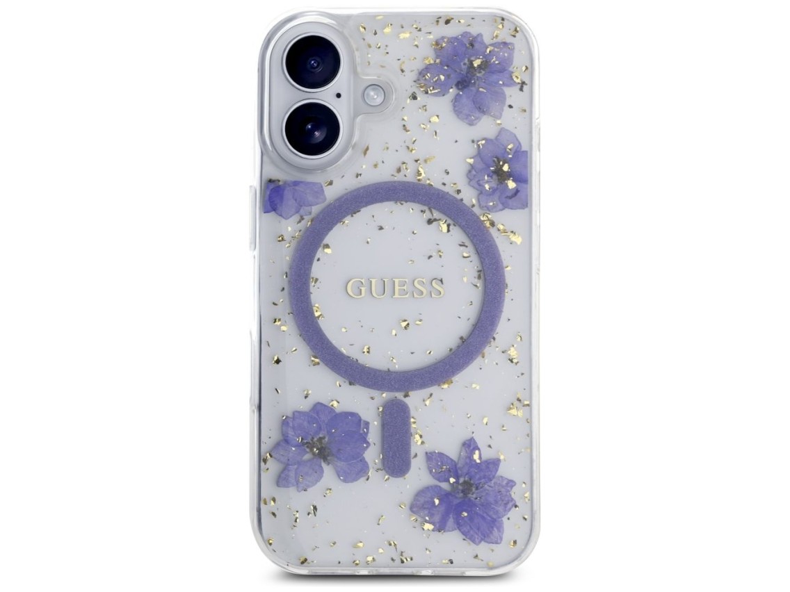 Capa MagSafe Guess Resin Flowers Glitter para iPhone 16 - roxa