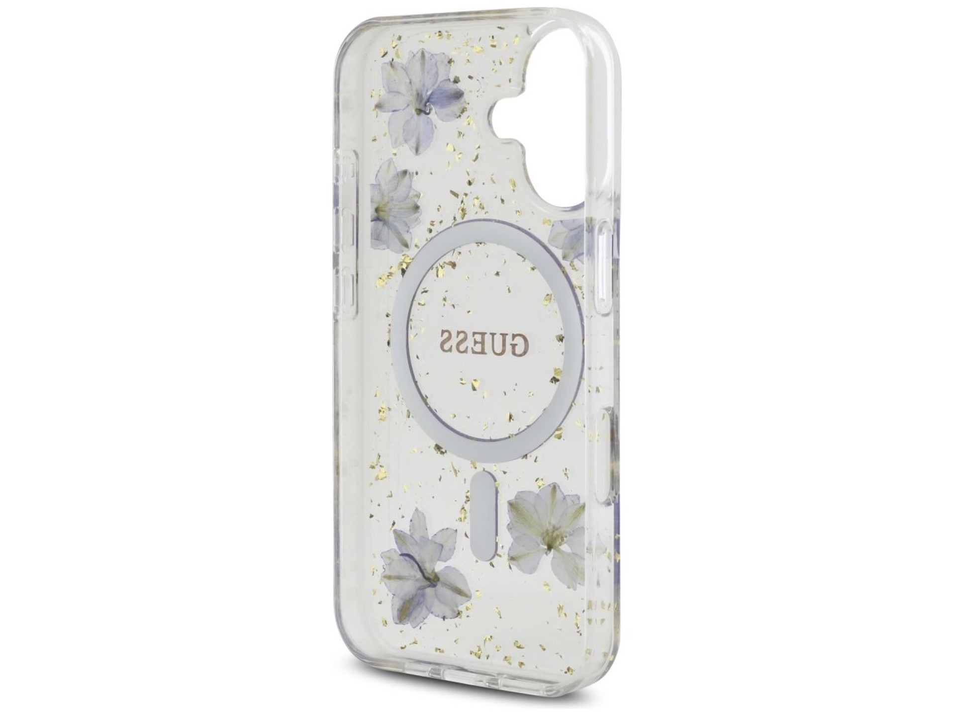 Capa MagSafe Guess Resin Flowers Glitter para iPhone 16 - roxa