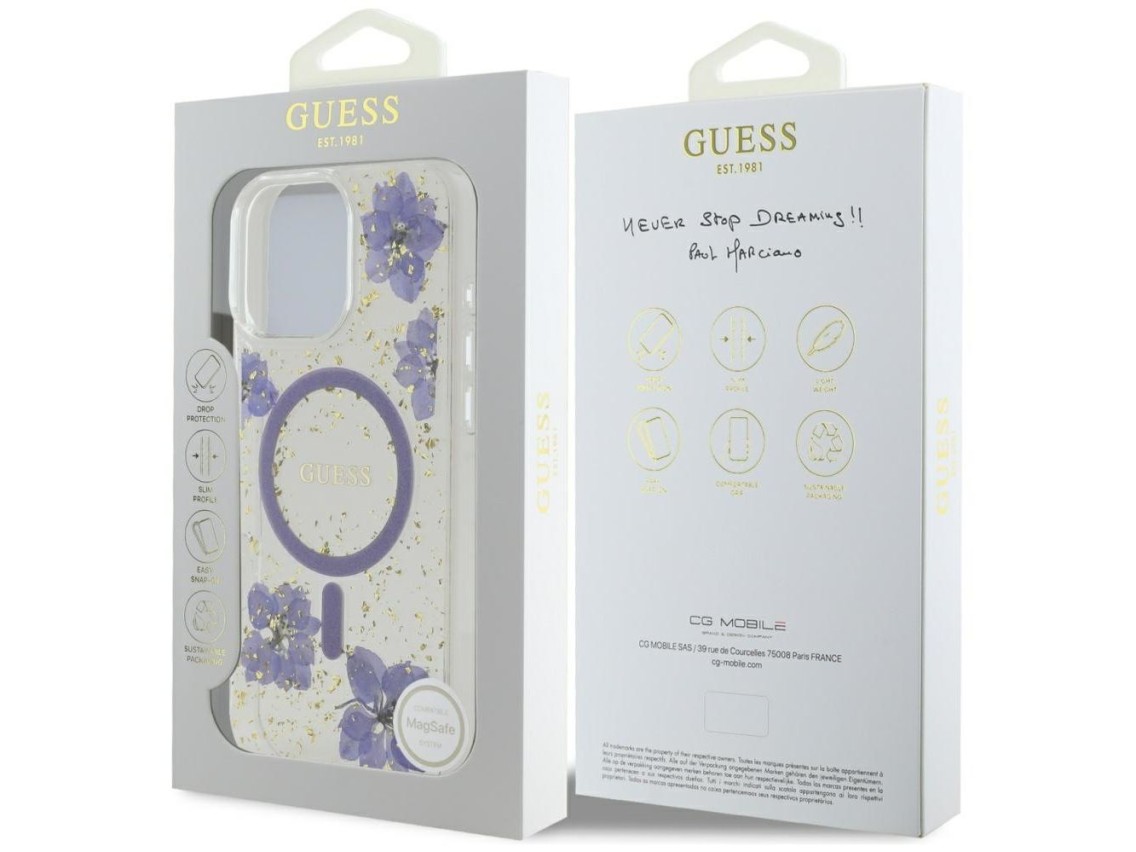 Funda Guess Resin Flowers MagSafe para iPhone 16 Pro - morado