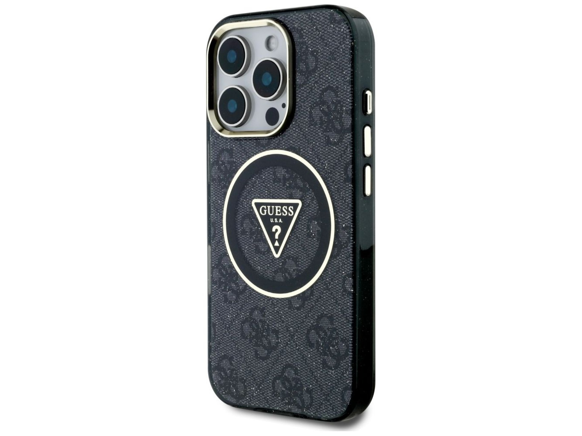Guess IML Metal Glitter 4G Circle Triangle MagSafe Case for iPhone 16 Pro - Black
