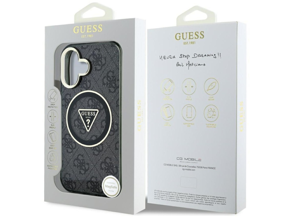 Capa Guess IML Metal Glitter 4G Circle Triangle MagSafe para iPhone 16 - Preta