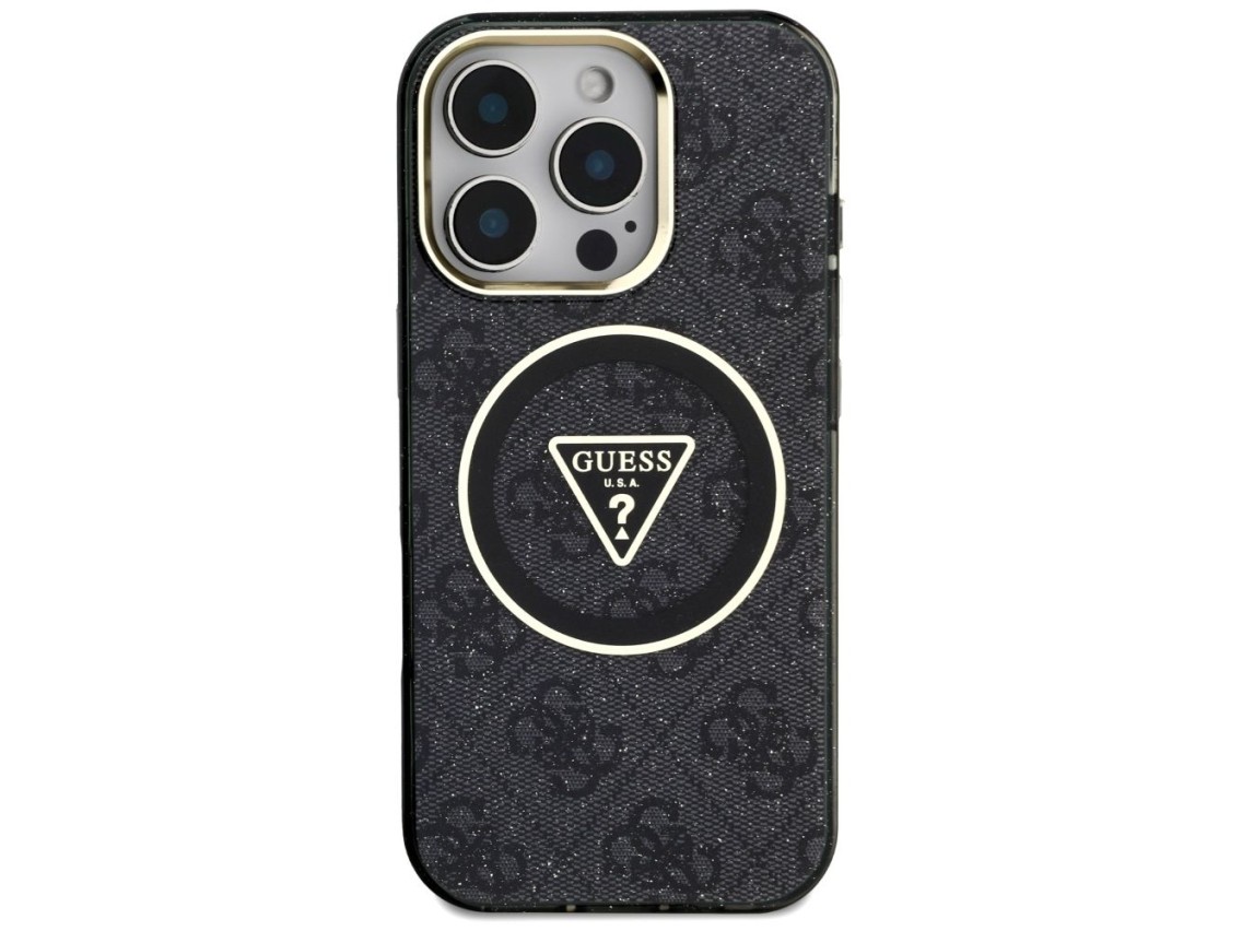 Guess IML Metal Glitter 4G Circle Triangle MagSafe Case for iPhone 16 Pro - Black